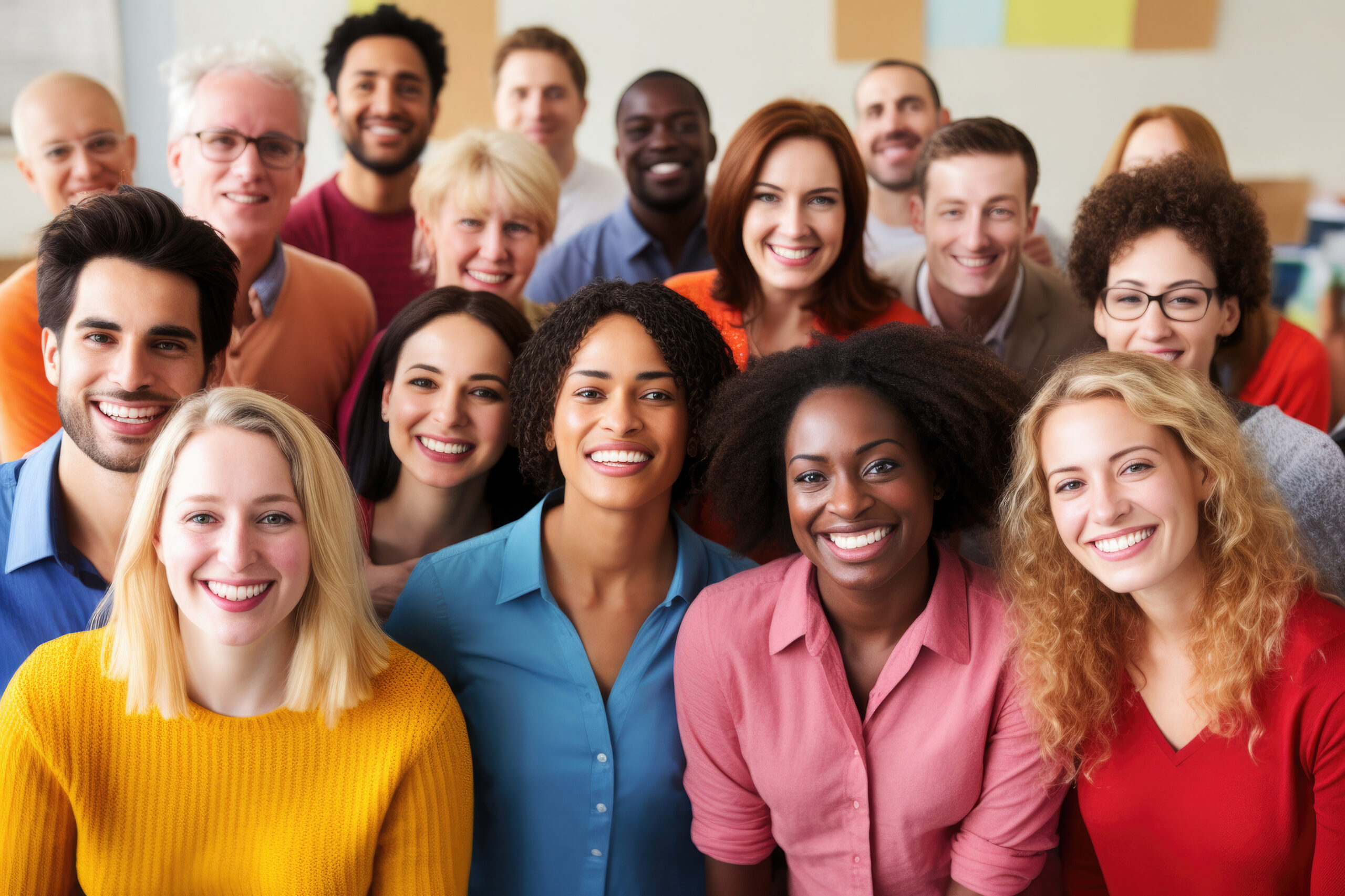 Diversity group of people happily smiling, looking at camera.